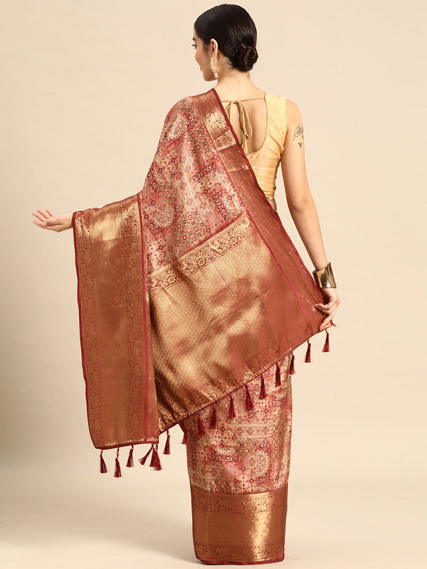 Maroon Kanchipuram Silk Digital Print Abstract Saree with Unstitched Blouse - Hiral Fashion - Distacart