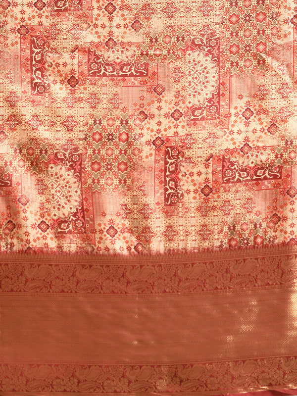 Maroon Kanchipuram Silk Digital Print Abstract Saree with Unstitched Blouse - Hiral Fashion - Distacart