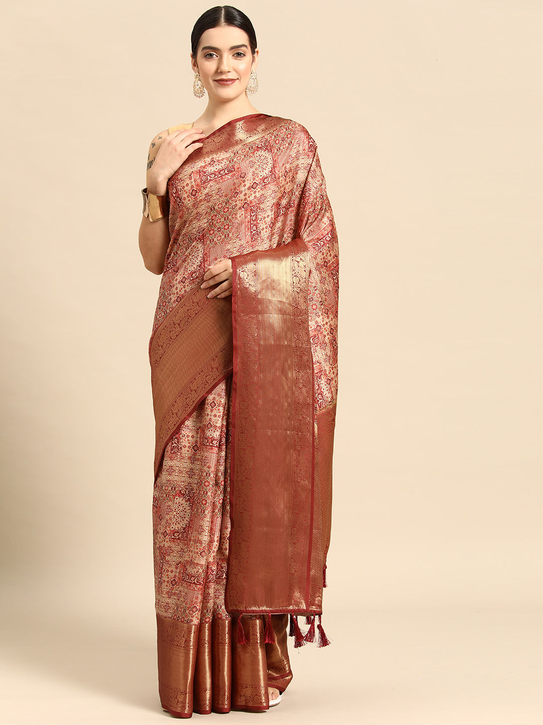 Maroon Kanchipuram Silk Digital Print Abstract Saree with Unstitched Blouse - Hiral Fashion - Distacart