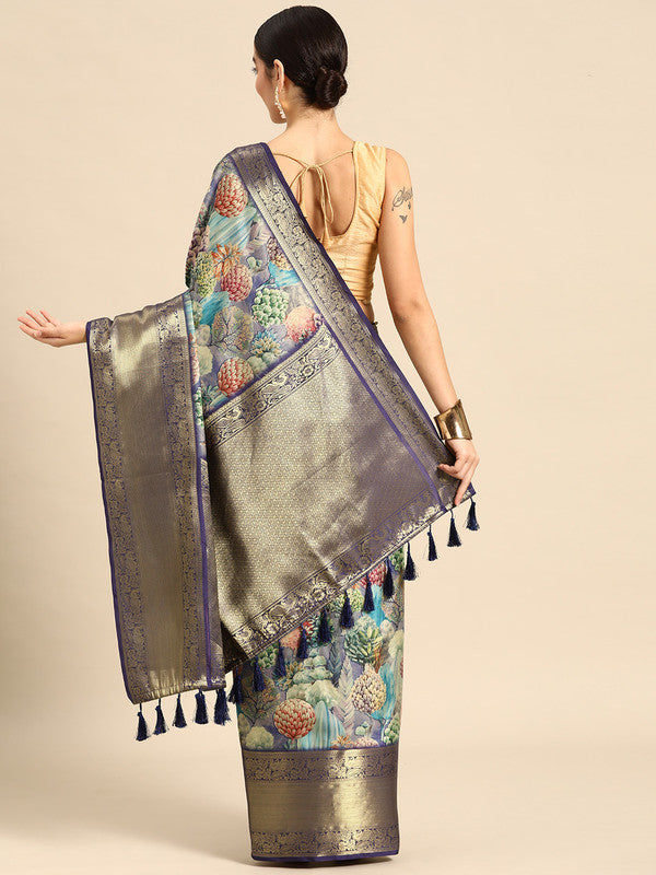 Blue Kanchipuram Silk Digital Print Floral Saree with Unstitched Blouse - Hiral Fashion - Distacart