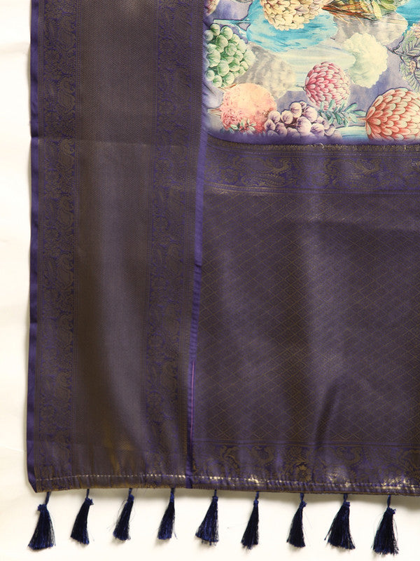 Blue Kanchipuram Silk Digital Print Floral Saree with Unstitched Blouse - Hiral Fashion - Distacart