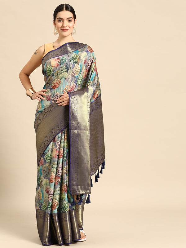 Blue Kanchipuram Silk Digital Print Floral Saree with Unstitched Blouse - Hiral Fashion - Distacart