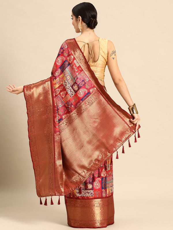 Multicolor Kanchipuram Silk Digital Print Paisely Saree with Unstitched Blouse - Hiral Fashion - Distacart
