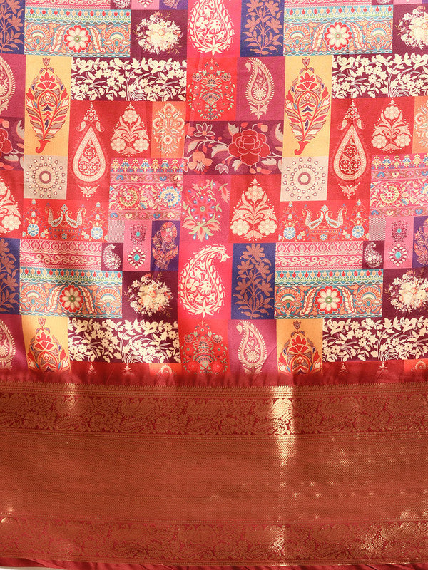 Multicolor Kanchipuram Silk Digital Print Paisely Saree with Unstitched Blouse - Hiral Fashion - Distacart