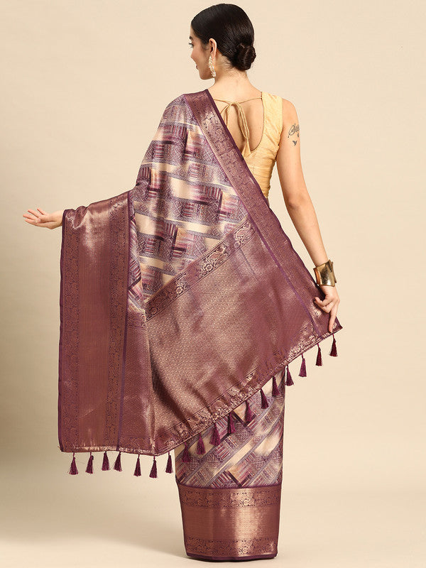 Beige Kanchipuram Silk Digital Print Geomatric Saree with Unstitched Blouse - Hiral Fashion - Distacart