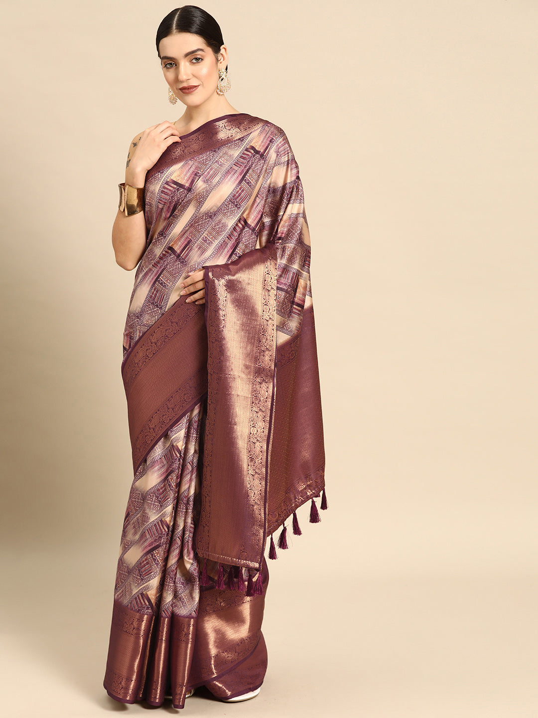 Beige Kanchipuram Silk Digital Print Geomatric Saree with Unstitched Blouse - Hiral Fashion - Distacart