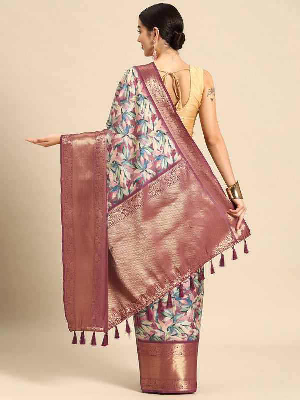 Multicolor Kanchipuram Silk Digital Print Floral Saree with Unstitched Blouse - Hiral Fashion - Distacart