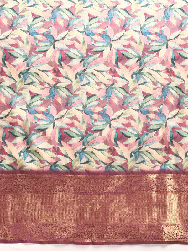 Multicolor Kanchipuram Silk Digital Print Floral Saree with Unstitched Blouse - Hiral Fashion - Distacart