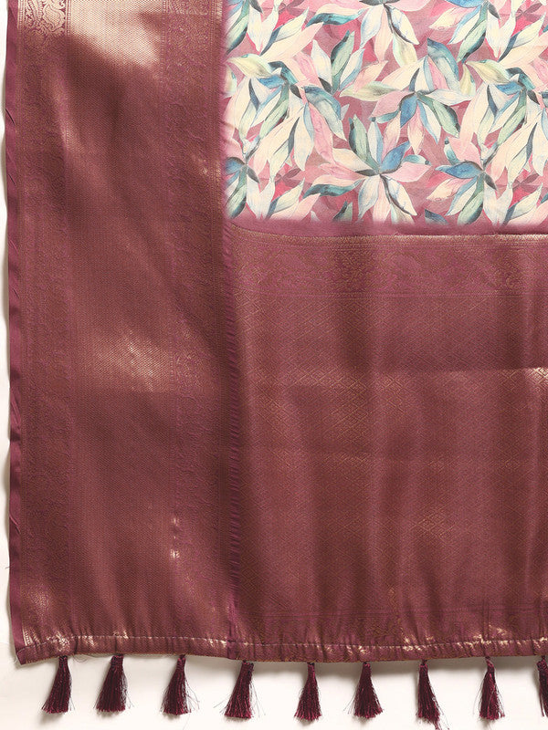 Multicolor Kanchipuram Silk Digital Print Floral Saree with Unstitched Blouse - Hiral Fashion - Distacart