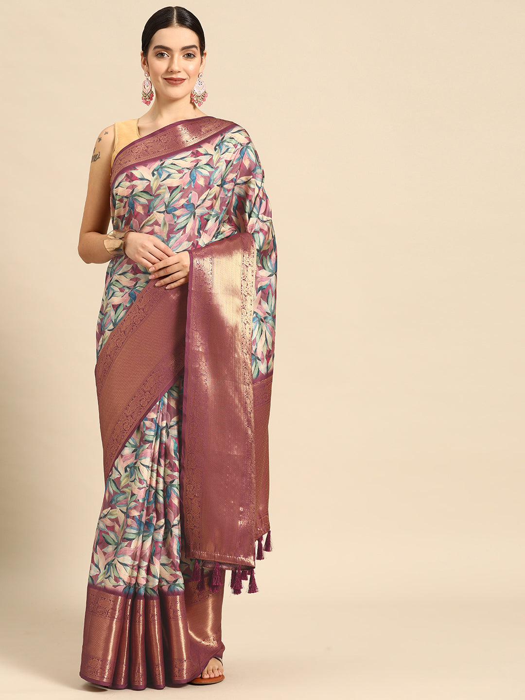 Multicolor Kanchipuram Silk Digital Print Floral Saree with Unstitched Blouse - Hiral Fashion - Distacart