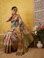 Thumbnail for Beige Kanjeevaram Silk Digital Print Floral Saree with Unstitched Blouse - Hiral Fashion - Distacart