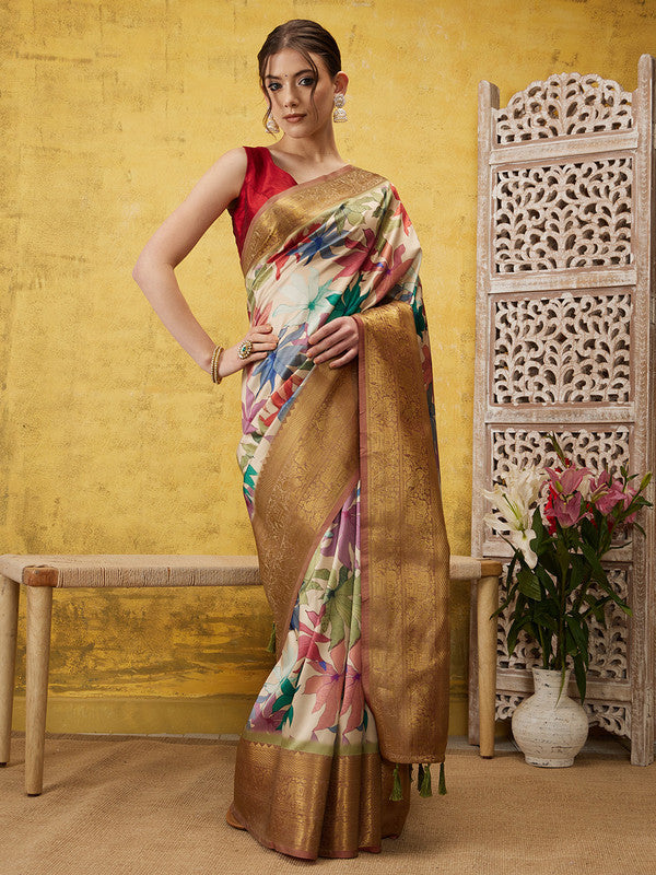 Beige Kanjeevaram Silk Digital Print Floral Saree with Unstitched Blouse - Hiral Fashion - Distacart