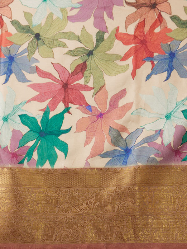 Beige Kanjeevaram Silk Digital Print Floral Saree with Unstitched Blouse - Hiral Fashion - Distacart