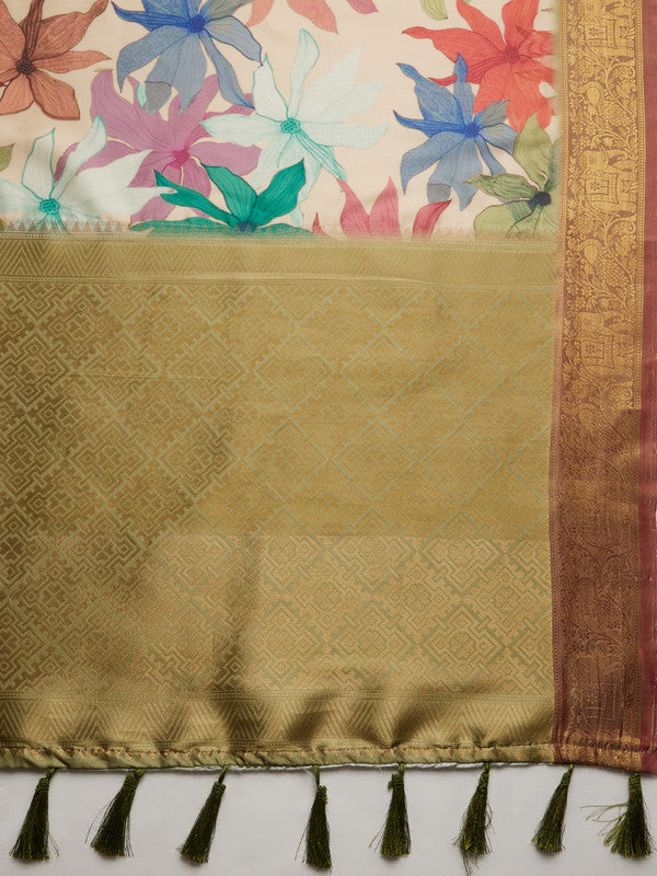 Beige Kanjeevaram Silk Digital Print Floral Saree with Unstitched Blouse - Hiral Fashion - Distacart