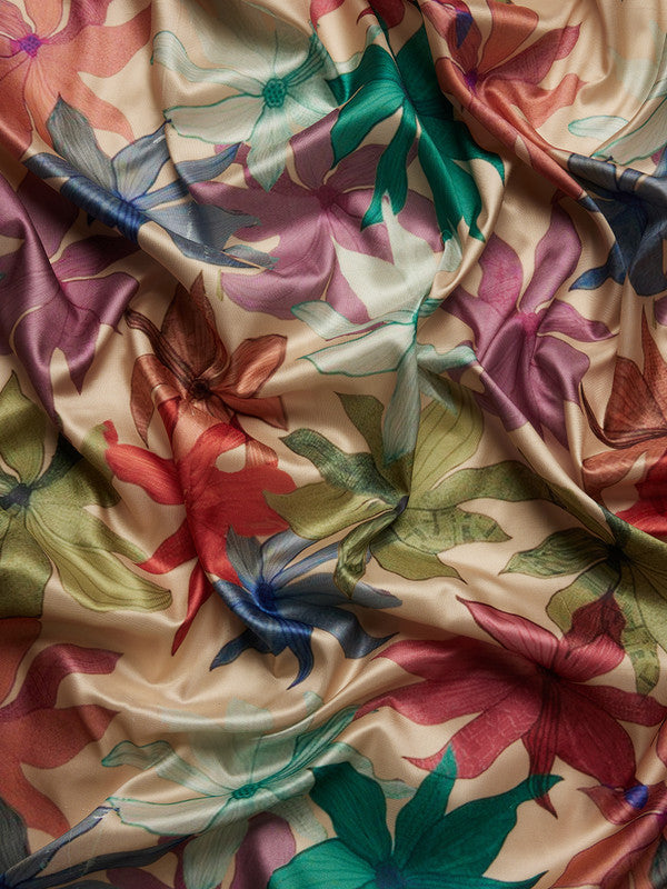 Beige Kanjeevaram Silk Digital Print Floral Saree with Unstitched Blouse - Hiral Fashion - Distacart