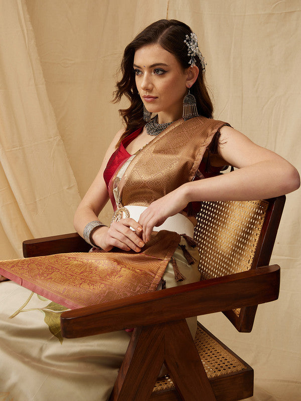 Beige Kanjeevaram Silk Digital Print Animal Print Saree with Unstitched Blouse - Hiral Fashion - Distacart