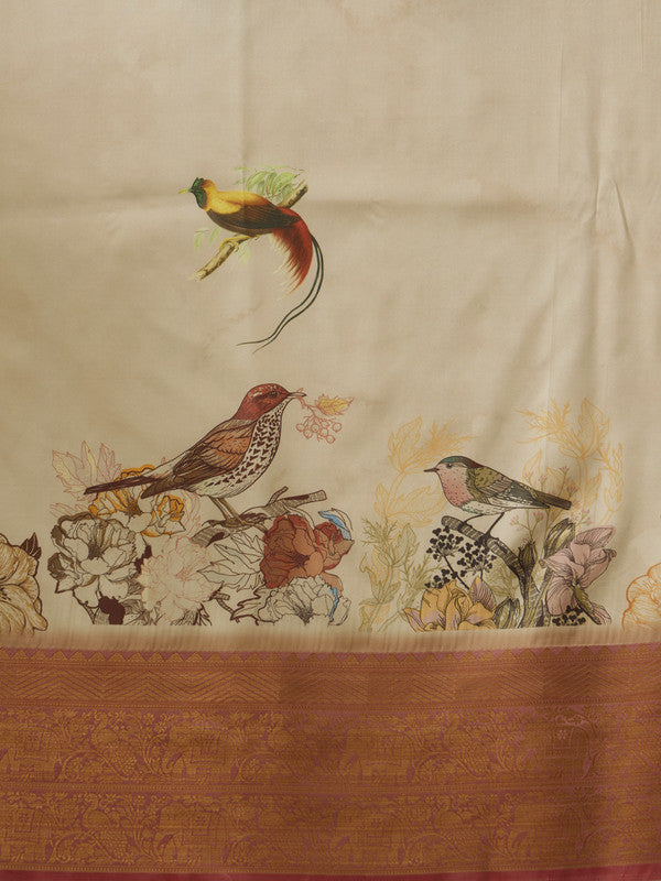 Beige Kanjeevaram Silk Digital Print Animal Print Saree with Unstitched Blouse - Hiral Fashion - Distacart