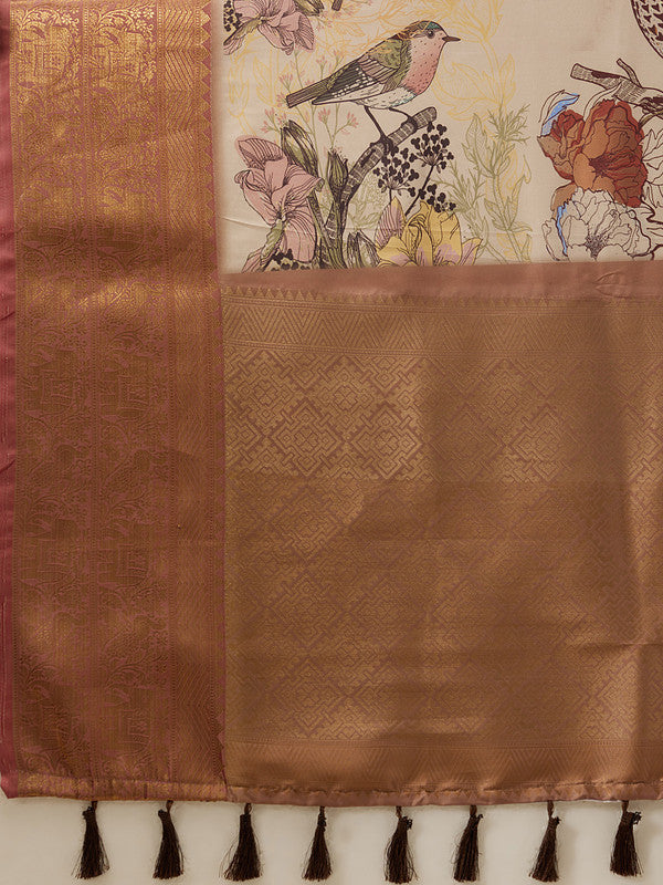 Beige Kanjeevaram Silk Digital Print Animal Print Saree with Unstitched Blouse - Hiral Fashion - Distacart