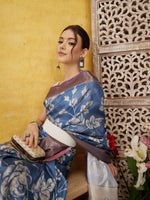Thumbnail for Blue Kanjeevaram Silk Digital Print Floral Saree with Unstitched Blouse - Hiral Fashion - Distacart