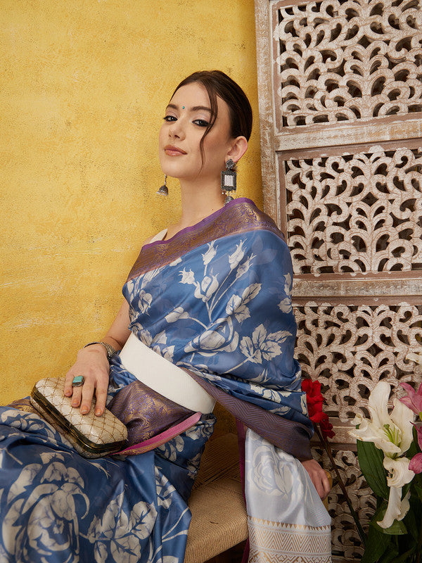 Blue Kanjeevaram Silk Digital Print Floral Saree with Unstitched Blouse - Hiral Fashion - Distacart