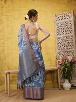 Thumbnail for Blue Kanjeevaram Silk Digital Print Floral Saree with Unstitched Blouse - Hiral Fashion - Distacart