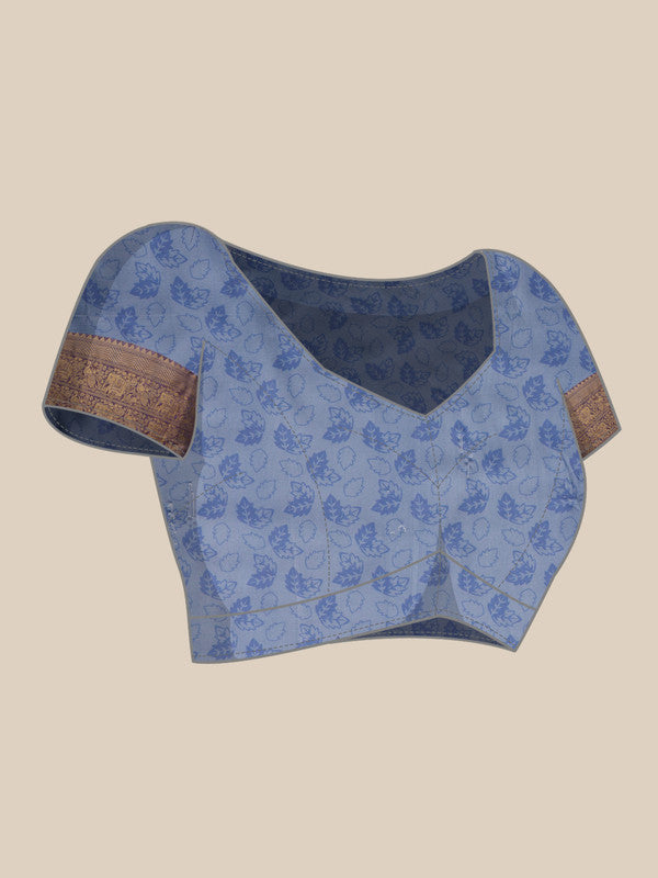 Blue Kanjeevaram Silk Digital Print Floral Saree with Unstitched Blouse - Hiral Fashion - Distacart