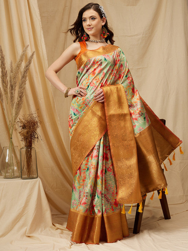 Green Kanjeevaram Silk Digital Print Floral Saree with Unstitched Blouse - Hiral Fashion - Distacart