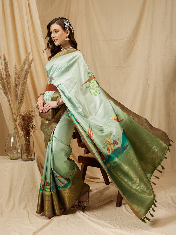 Olive Kanjeevaram Silk Digital Print Animal Print Saree with Unstitched Blouse - Hiral Fashion - Distacart