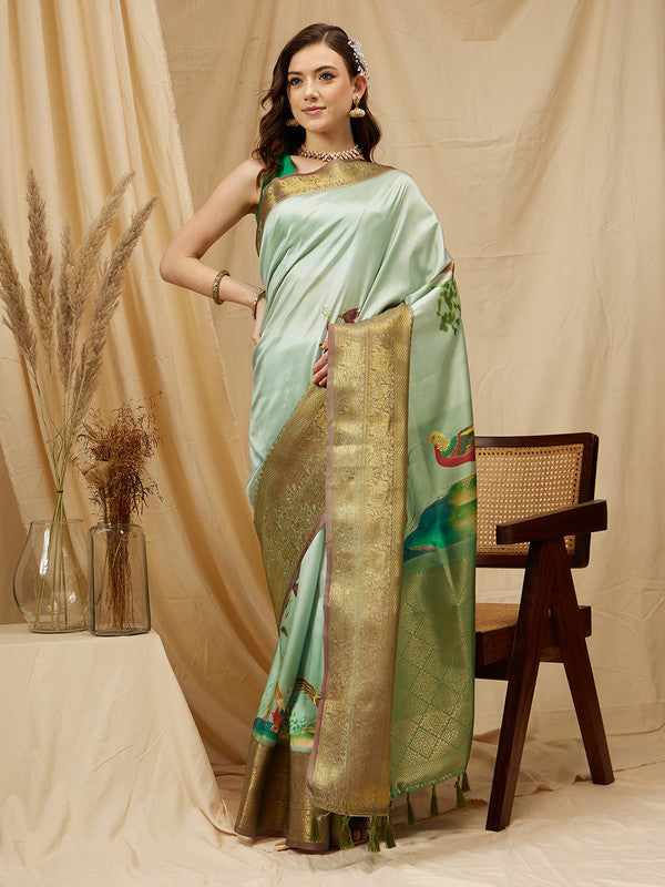 Olive Kanjeevaram Silk Digital Print Animal Print Saree with Unstitched Blouse - Hiral Fashion - Distacart