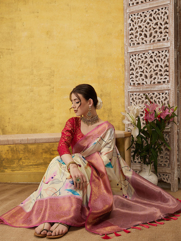 Multicolor Kanjeevaram Silk Digital Print Floral Saree with Unstitched Blouse - Hiral Fashion - Distacart