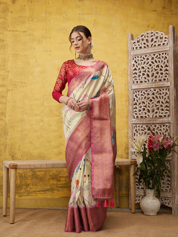 Multicolor Kanjeevaram Silk Digital Print Floral Saree with Unstitched Blouse - Hiral Fashion - Distacart