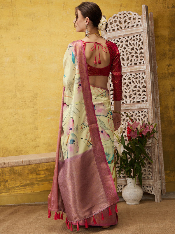 Multicolor Kanjeevaram Silk Digital Print Floral Saree with Unstitched Blouse - Hiral Fashion - Distacart