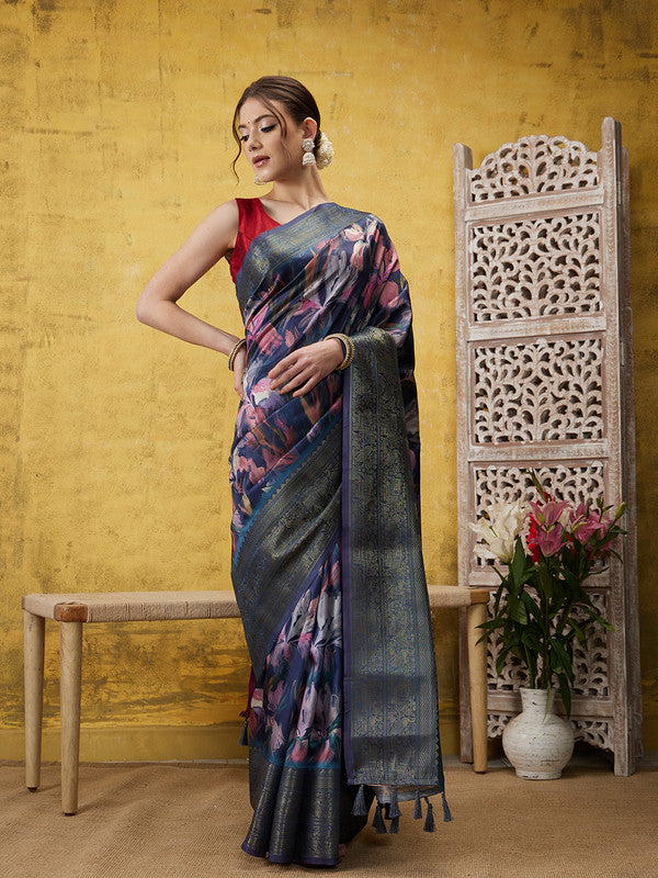 Navy Blue Kanjeevaram Silk Digital Print Floral Saree with Unstitched Blouse - Hiral Fashion - Distacart