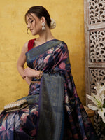Thumbnail for Navy Blue Kanjeevaram Silk Digital Print Floral Saree with Unstitched Blouse - Hiral Fashion - Distacart