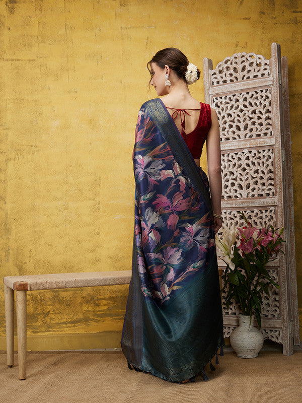 Navy Blue Kanjeevaram Silk Digital Print Floral Saree with Unstitched Blouse - Hiral Fashion - Distacart