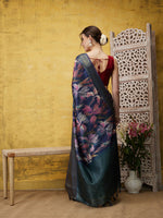 Thumbnail for Navy Blue Kanjeevaram Silk Digital Print Floral Saree with Unstitched Blouse - Hiral Fashion - Distacart