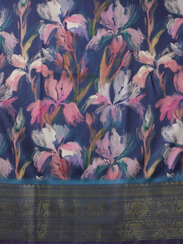 Navy Blue Kanjeevaram Silk Digital Print Floral Saree with Unstitched Blouse - Hiral Fashion - Distacart
