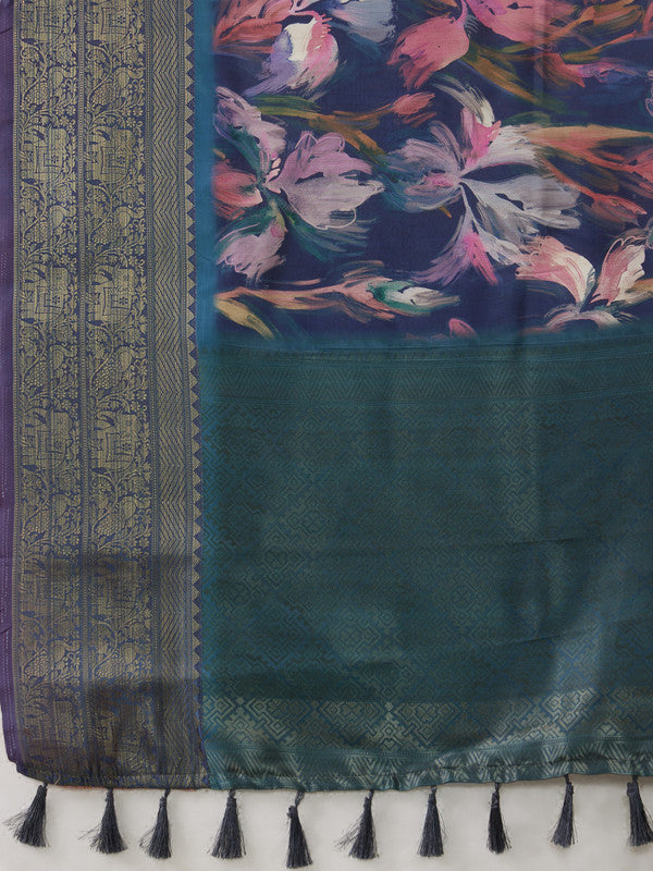 Navy Blue Kanjeevaram Silk Digital Print Floral Saree with Unstitched Blouse - Hiral Fashion - Distacart