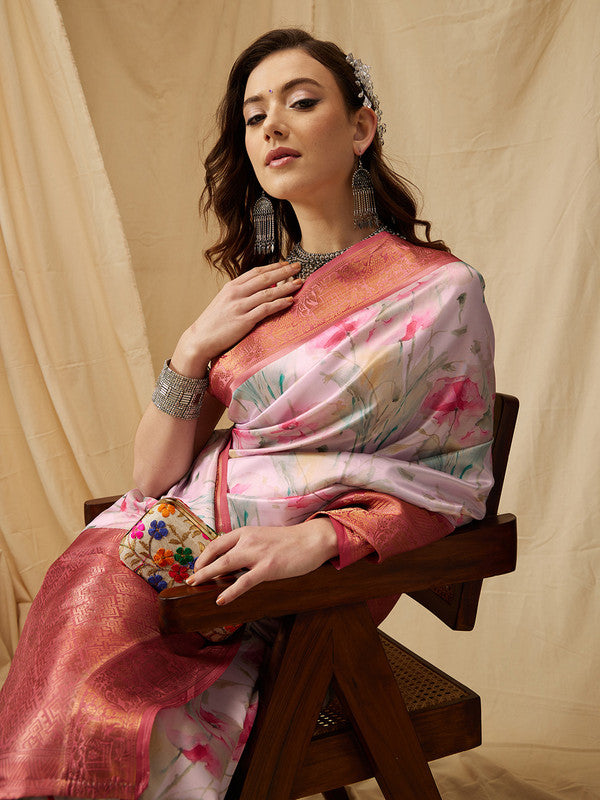 Pink Kanjeevaram Silk Digital Print Floral Saree with Unstitched Blouse - Hiral Fashion - Distacart