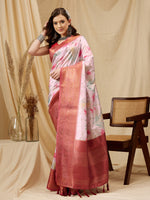 Thumbnail for Pink Kanjeevaram Silk Digital Print Floral Saree with Unstitched Blouse - Hiral Fashion - Distacart