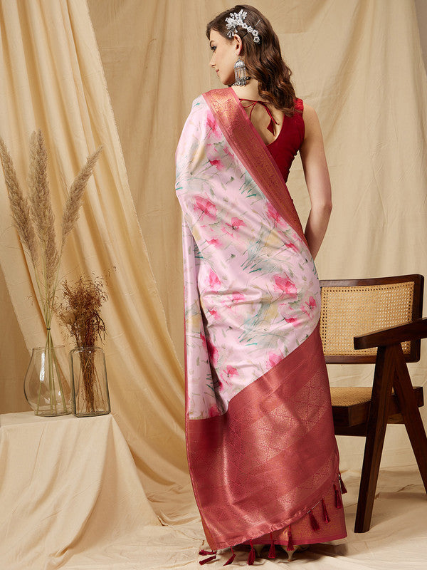 Pink Kanjeevaram Silk Digital Print Floral Saree with Unstitched Blouse - Hiral Fashion - Distacart