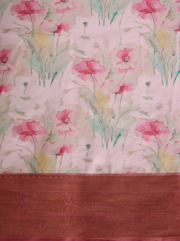 Pink Kanjeevaram Silk Digital Print Floral Saree with Unstitched Blouse - Hiral Fashion - Distacart