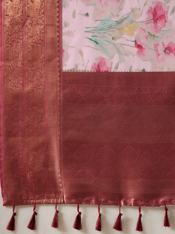 Pink Kanjeevaram Silk Digital Print Floral Saree with Unstitched Blouse - Hiral Fashion - Distacart