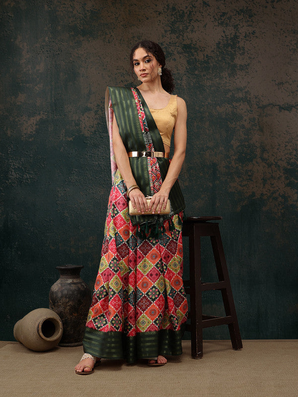 Multicolor Silk Blend Digital Print Bandhani Saree with Unstitched Blouse - Hiral Fashion - Distacart