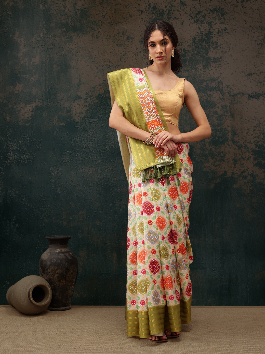 Multicolor Silk Blend Digital Print Bandhani Saree with Unstitched Blouse - Hiral Fashion - Distacart