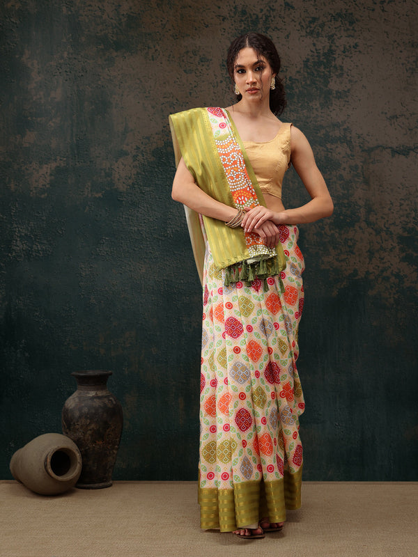 Multicolor Silk Blend Digital Print Bandhani Saree with Unstitched Blouse - Hiral Fashion - Distacart