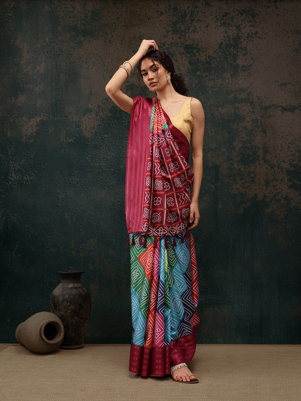 Multicolor Silk Blend Digital Print Bandhani Saree with Unstitched Blouse - Hiral Fashion - Distacart