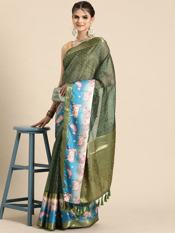 Green Kanjeevaram Silk Digital Print Geomatric Saree with Unstitched Blouse - Hiral Fashion - Distacart
