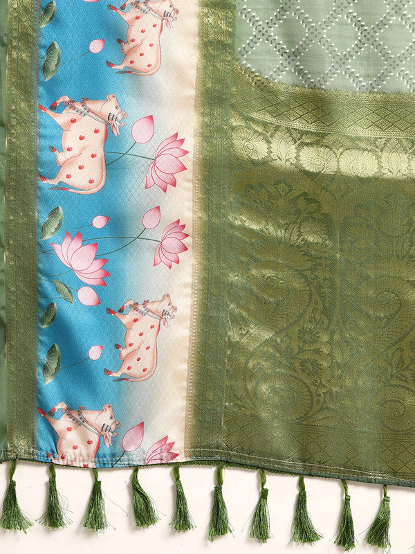 Green Kanjeevaram Silk Digital Print Geomatric Saree with Unstitched Blouse - Hiral Fashion - Distacart