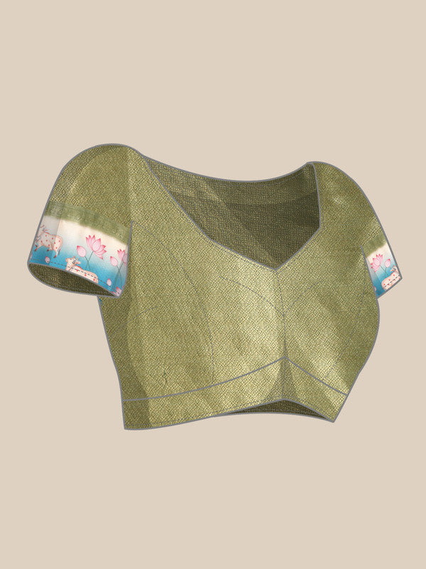 Green Kanjeevaram Silk Digital Print Geomatric Saree with Unstitched Blouse - Hiral Fashion - Distacart